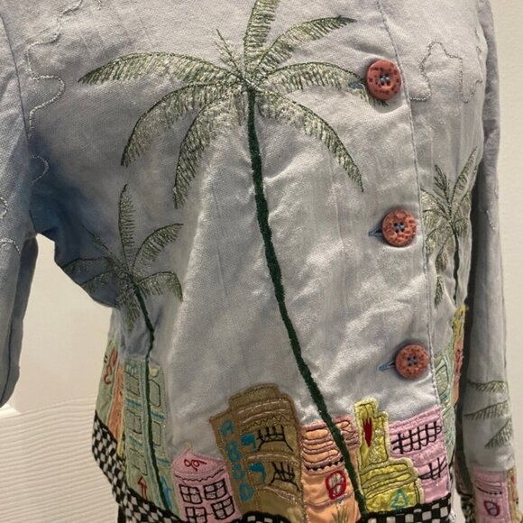 Y2K FUNKY JACKET MIAMI BEACH ART EMBROIDERED CITY DEMIN BLUE COLORS SZ XS RETRO - Picture 15 of 16